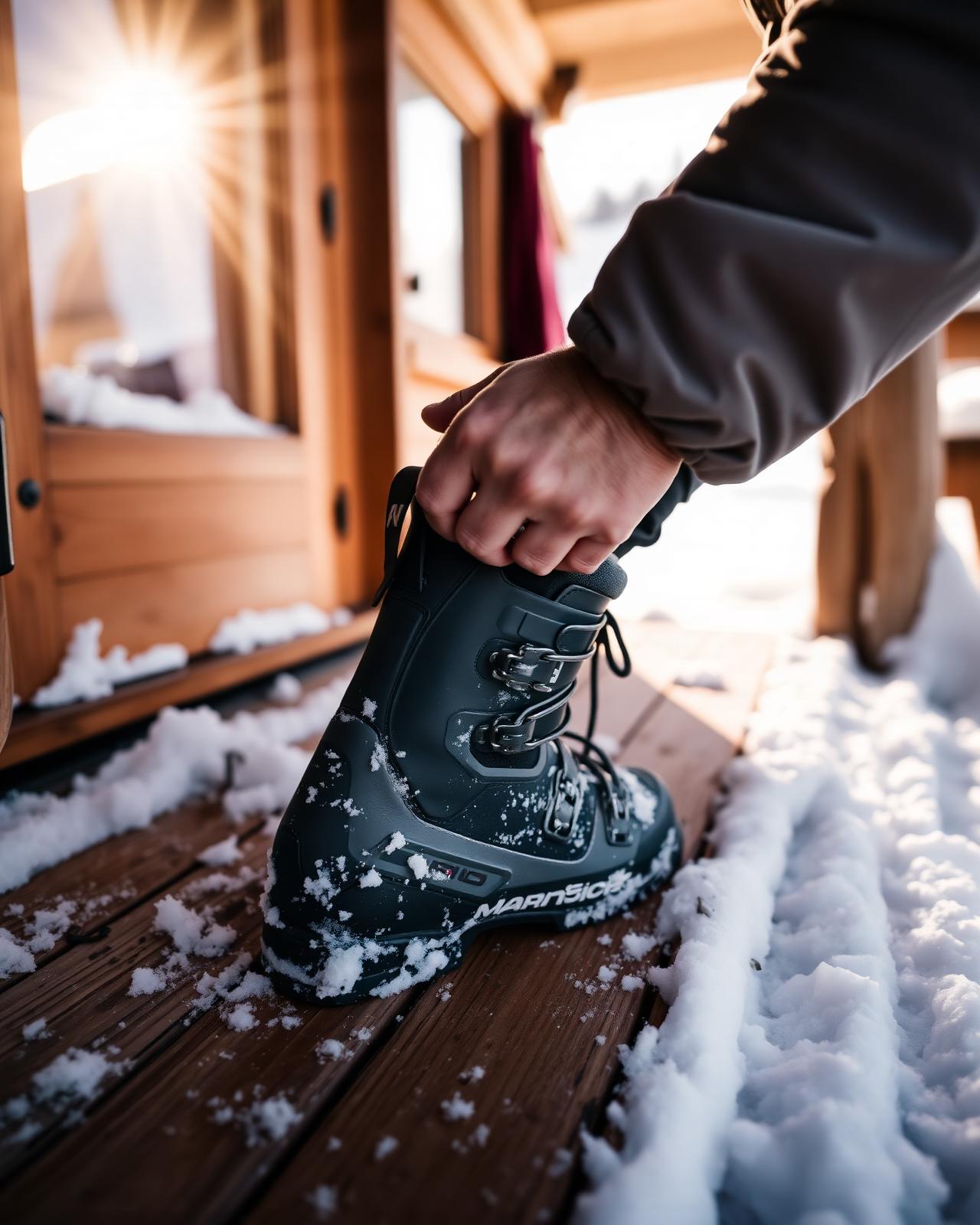 Skischuh im Schnee vor dem Haus